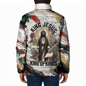 King Jesus Black Christmas Padded Jacket Religious Christian Faith Nativity Poinsettia