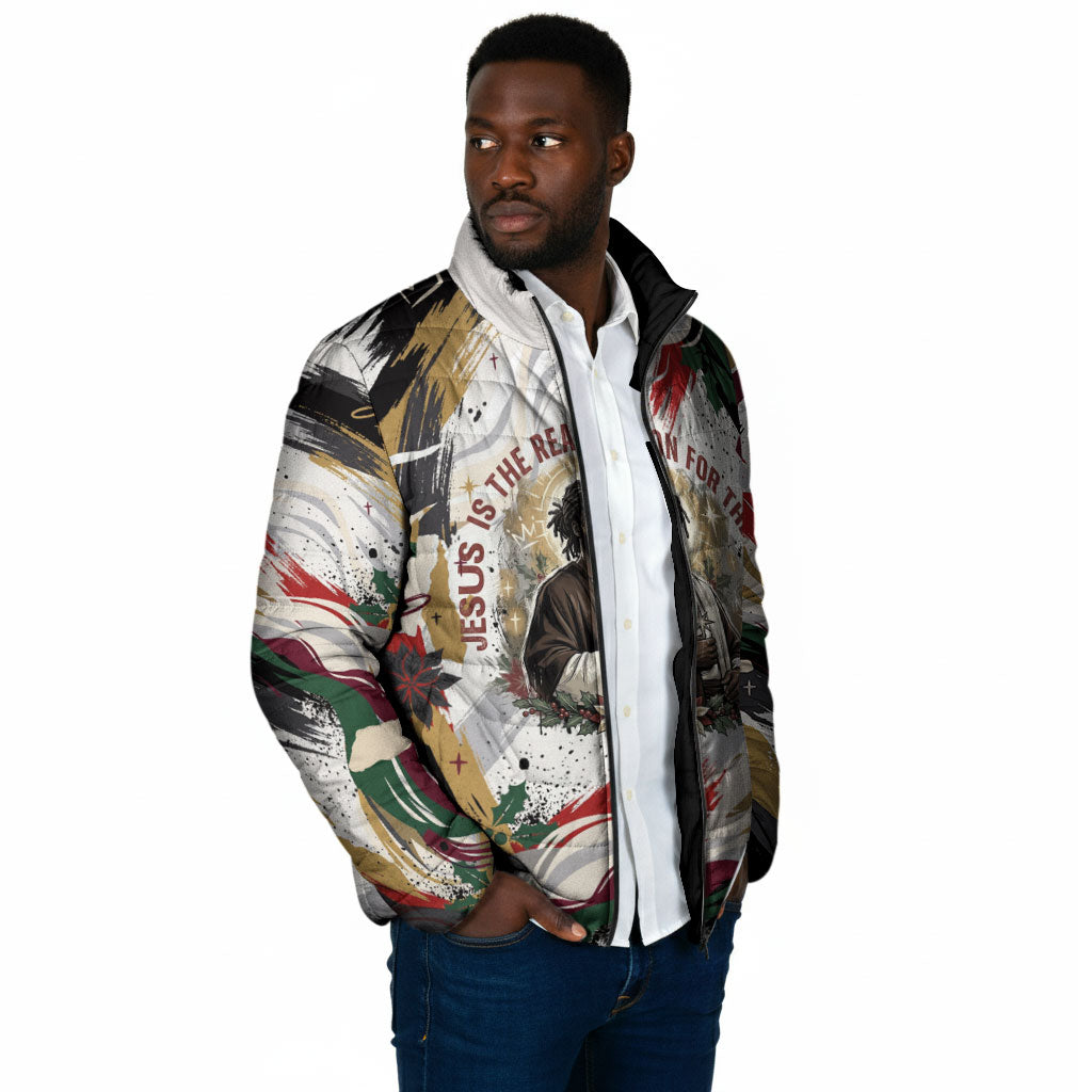 King Jesus Black Christmas Padded Jacket Religious Christian Faith Nativity Poinsettia
