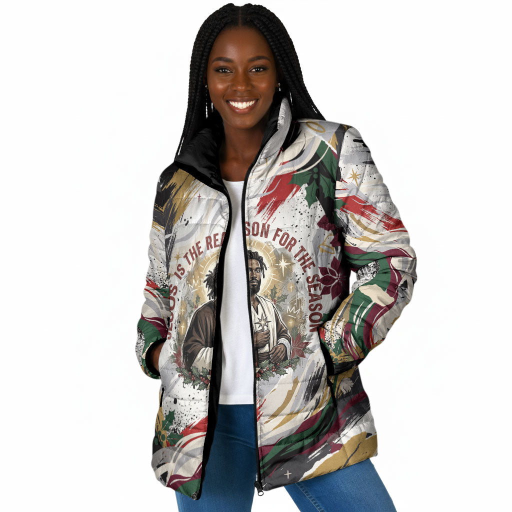 King Jesus Black Christmas Padded Jacket Religious Christian Faith Nativity Poinsettia