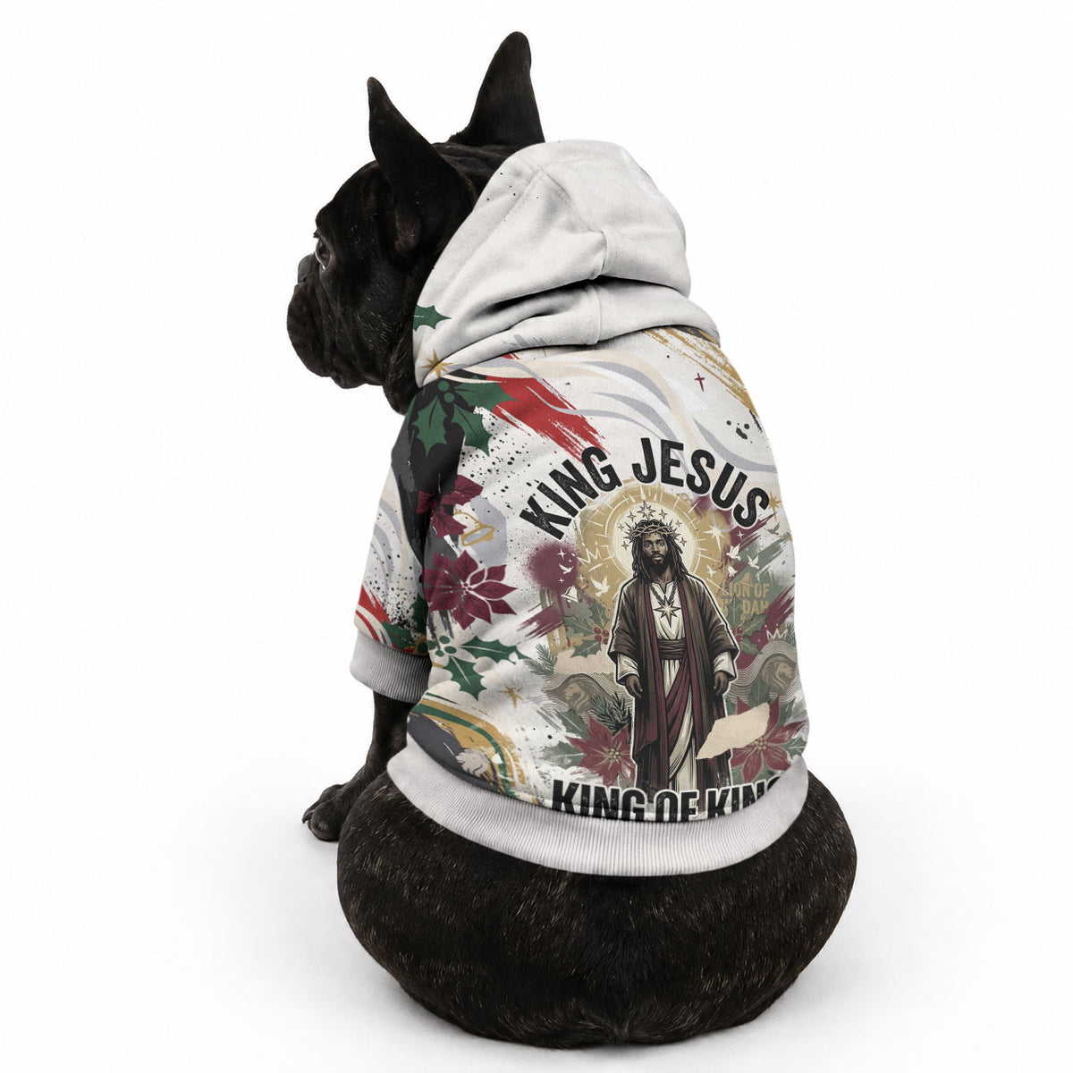 King Jesus Black Christmas Pet Hoodie Religious Christian Faith Nativity Poinsettia