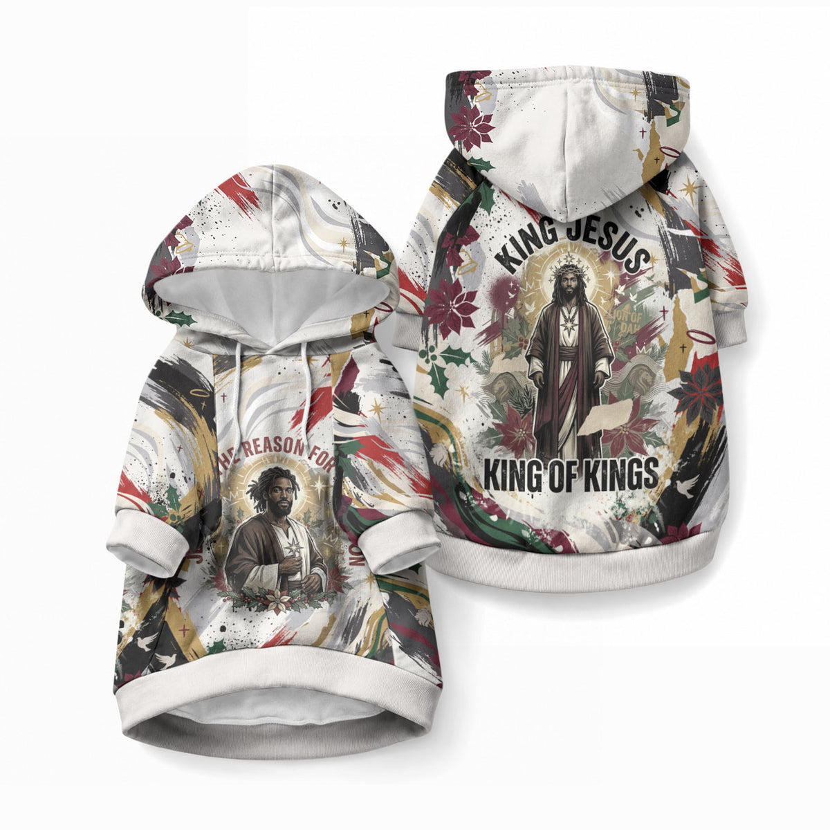 King Jesus Black Christmas Pet Hoodie Religious Christian Faith Nativity Poinsettia
