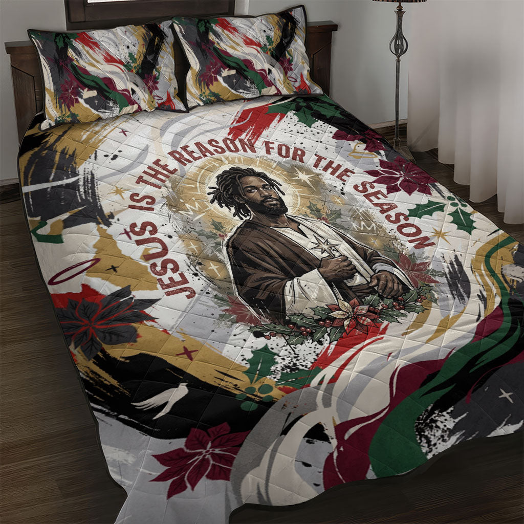 King Jesus Black Christmas Quilt Bed Set Religious Christian Faith Nativity Poinsettia