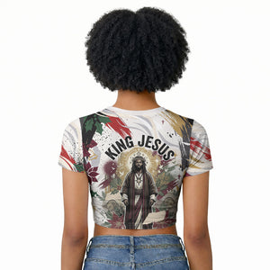 King Jesus Black Christmas Raglan Cropped T shirt Religious Christian Faith Nativity Poinsettia