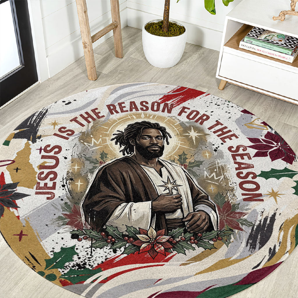 King Jesus Black Christmas Round Carpet Religious Christian Faith Nativity Poinsettia