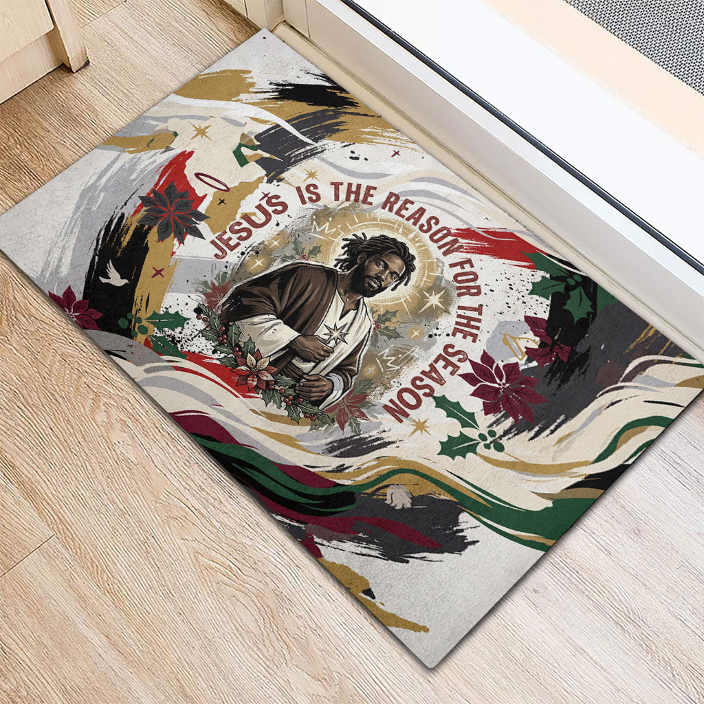 King Jesus Black Christmas Rubber Doormat Religious Christian Faith Nativity Poinsettia