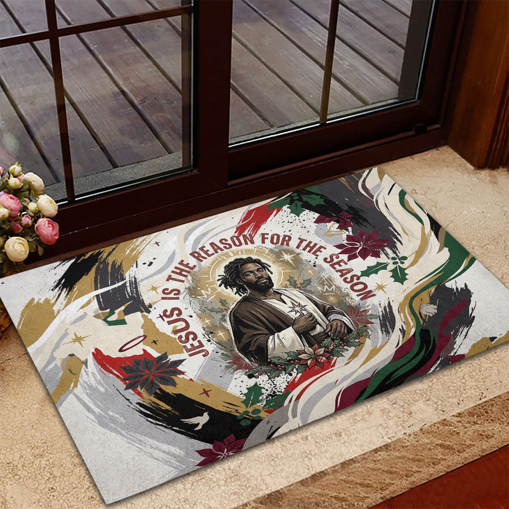 King Jesus Black Christmas Rubber Doormat Religious Christian Faith Nativity Poinsettia