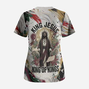 King Jesus Black Christmas Scrub Top Religious Christian Faith Nativity Poinsettia