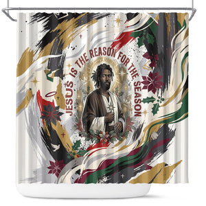King Jesus Black Christmas Shower Curtain Religious Christian Faith Nativity Poinsettia