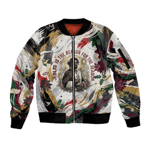 King Jesus Black Christmas Sleeve Zip Bomber Jacket Religious Christian Faith Nativity Poinsettia