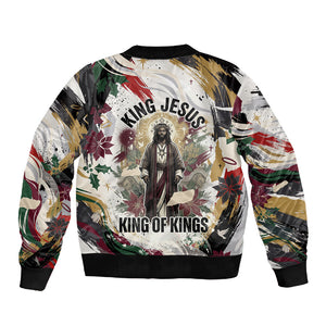 King Jesus Black Christmas Sleeve Zip Bomber Jacket Religious Christian Faith Nativity Poinsettia