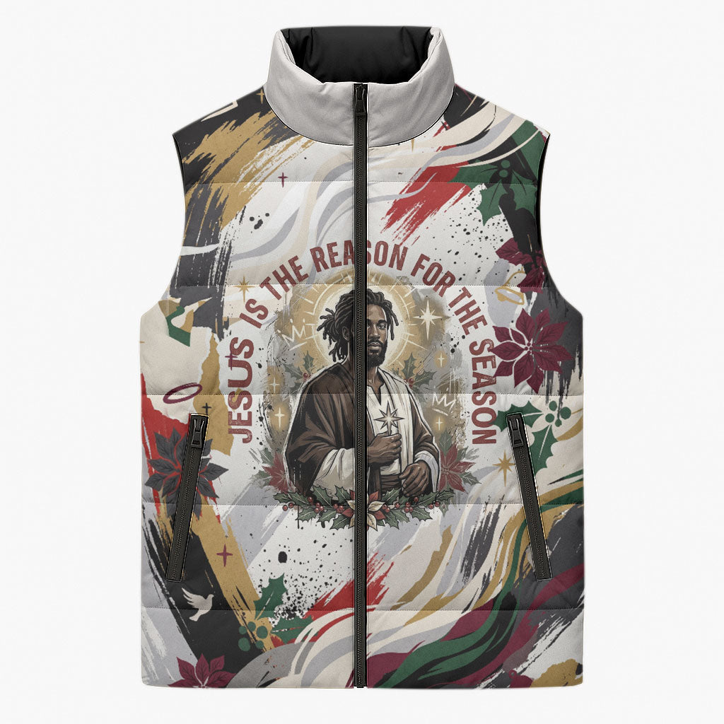 King Jesus Black Christmas Sleeveless Puffer Jacket Religious Christian Faith Nativity Poinsettia