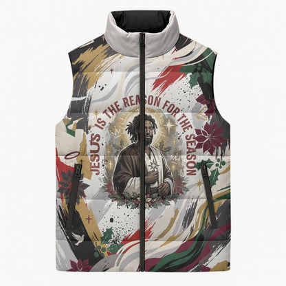 King Jesus Black Christmas Sleeveless Puffer Jacket Religious Christian Faith Nativity Poinsettia