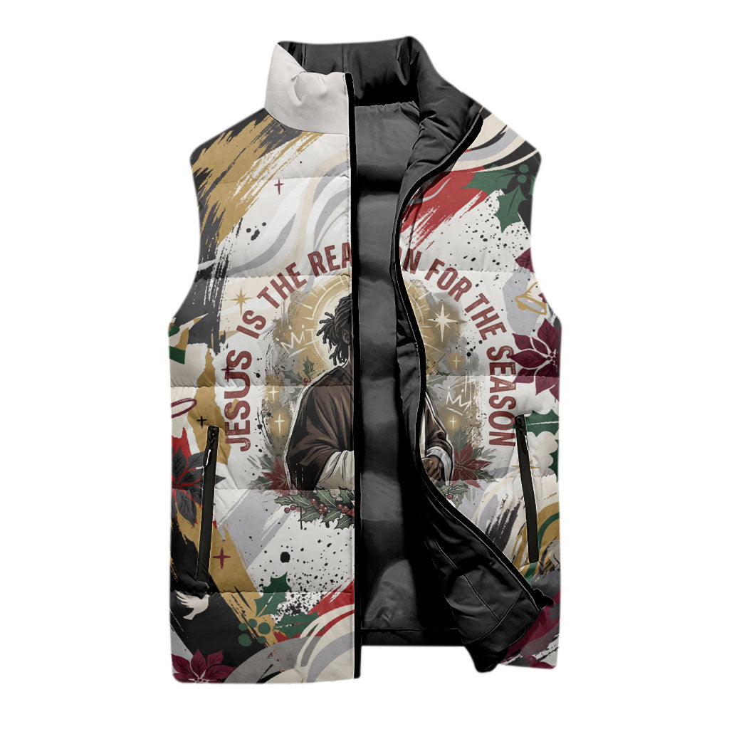 King Jesus Black Christmas Sleeveless Puffer Jacket Religious Christian Faith Nativity Poinsettia