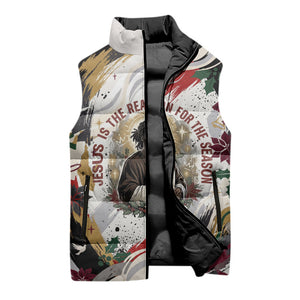 King Jesus Black Christmas Sleeveless Puffer Jacket Religious Christian Faith Nativity Poinsettia