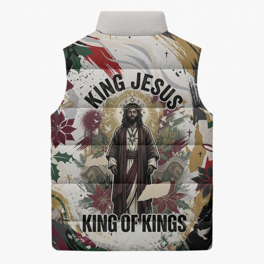 King Jesus Black Christmas Sleeveless Puffer Jacket Religious Christian Faith Nativity Poinsettia
