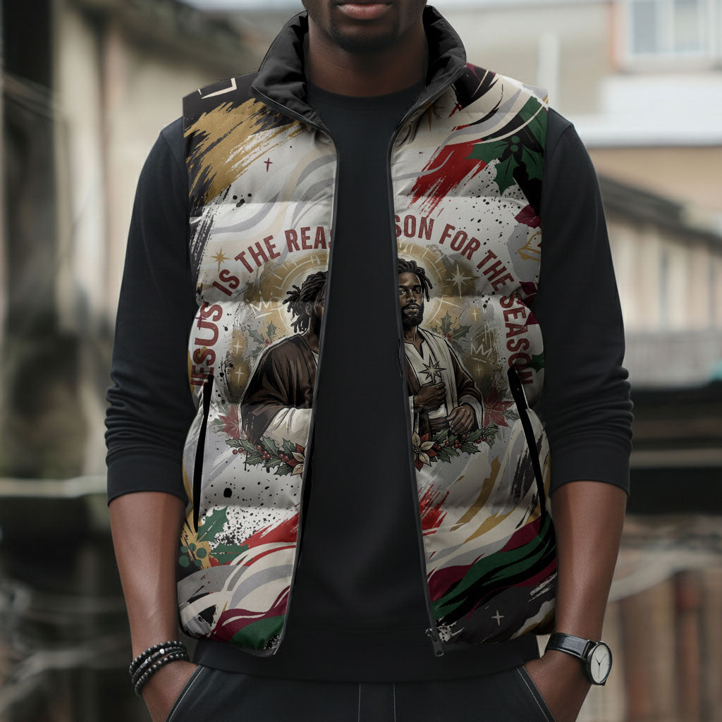 King Jesus Black Christmas Sleeveless Puffer Jacket Religious Christian Faith Nativity Poinsettia