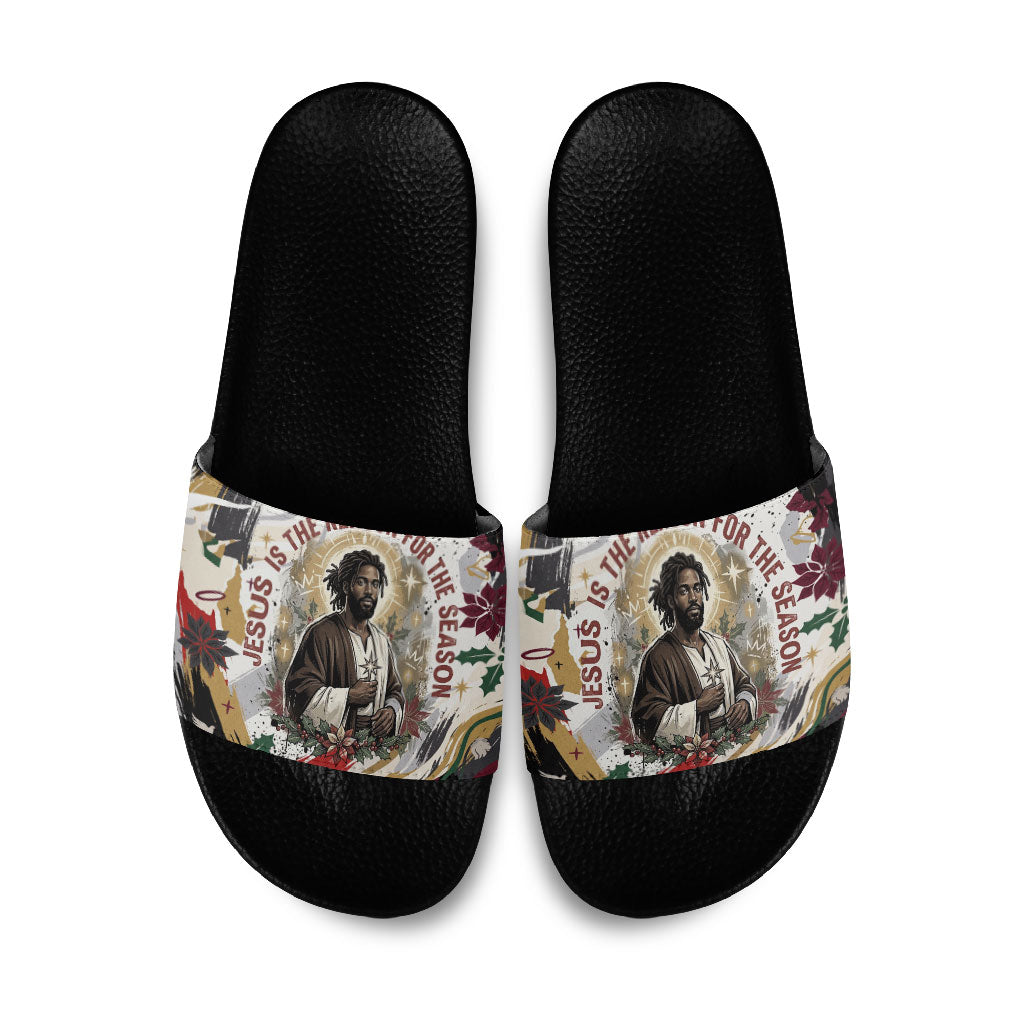 King Jesus Black Christmas Slide Sandals Religious Christian Faith Nativity Poinsettia