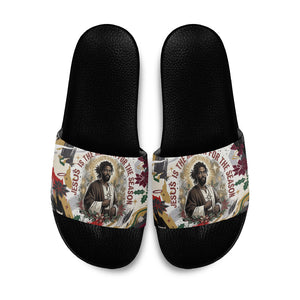 King Jesus Black Christmas Slide Sandals Religious Christian Faith Nativity Poinsettia