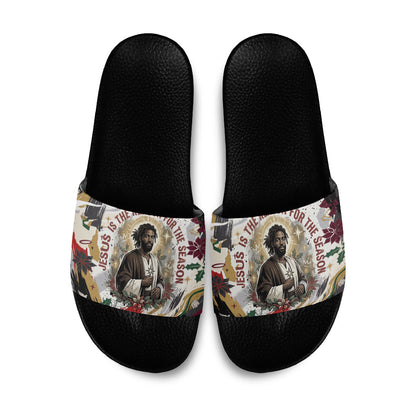 King Jesus Black Christmas Slide Sandals Religious Christian Faith Nativity Poinsettia