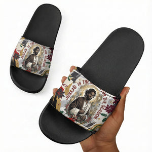 King Jesus Black Christmas Slide Sandals Religious Christian Faith Nativity Poinsettia