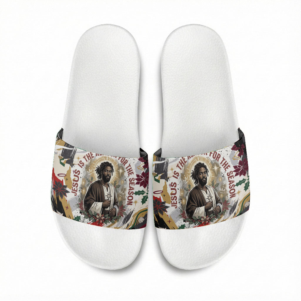 King Jesus Black Christmas Slide Sandals Religious Christian Faith Nativity Poinsettia