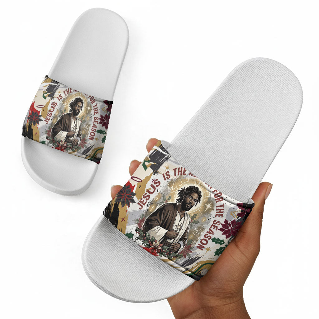 King Jesus Black Christmas Slide Sandals Religious Christian Faith Nativity Poinsettia