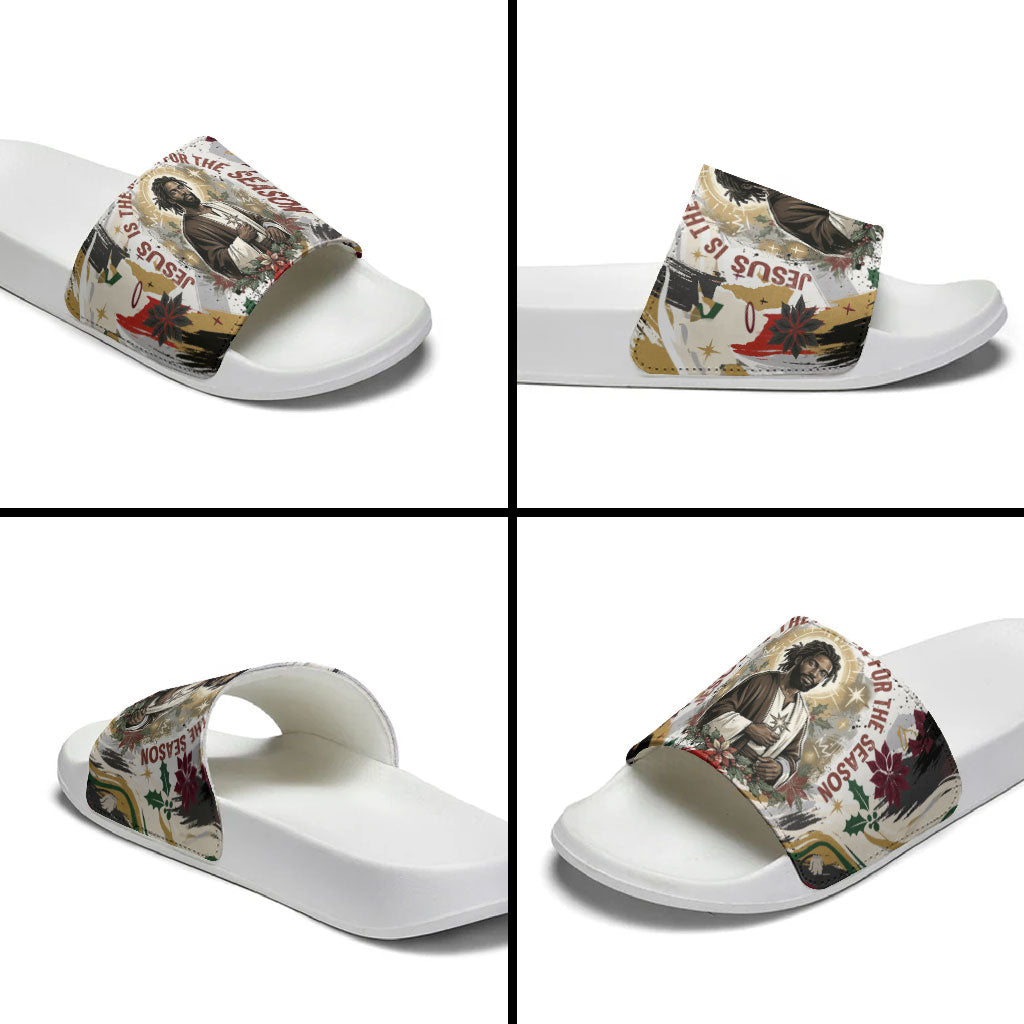 King Jesus Black Christmas Slide Sandals Religious Christian Faith Nativity Poinsettia
