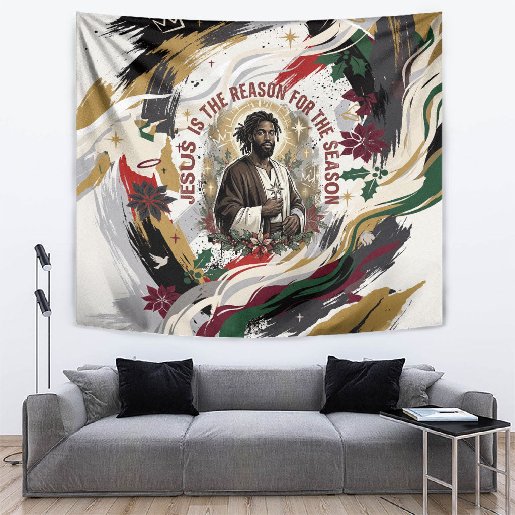 King Jesus Black Christmas Tapestry Religious Christian Faith Nativity Poinsettia