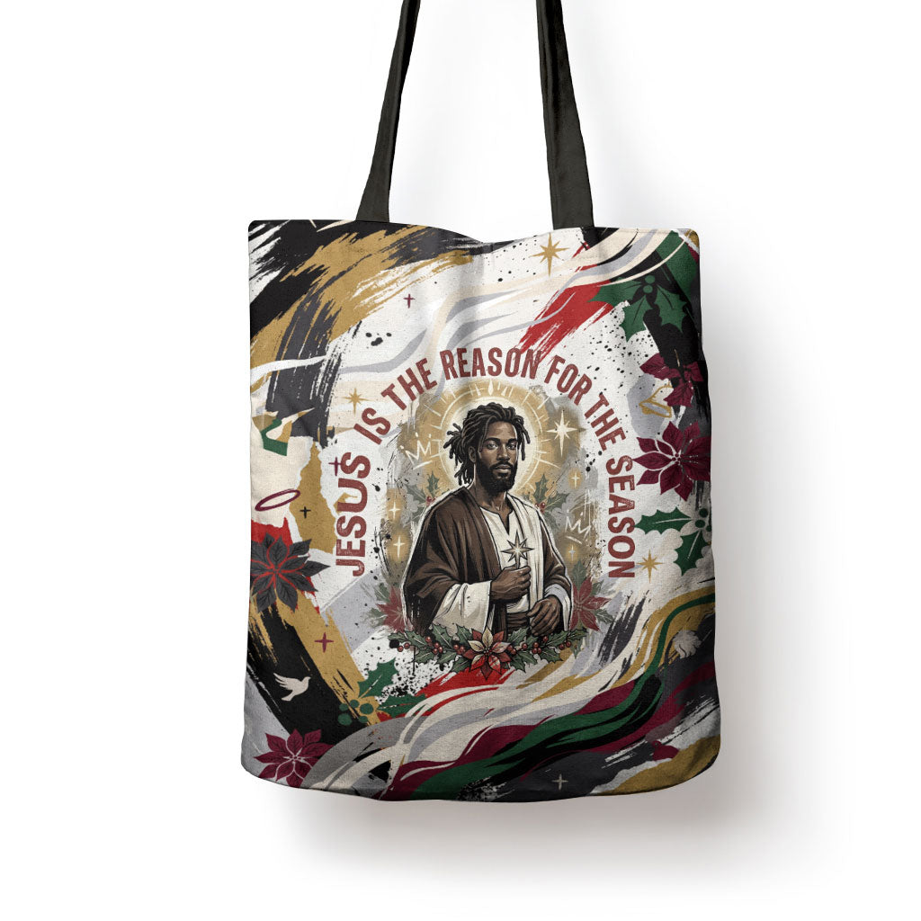 King Jesus Black Christmas Tote Bag Religious Christian Faith Nativity Poinsettia