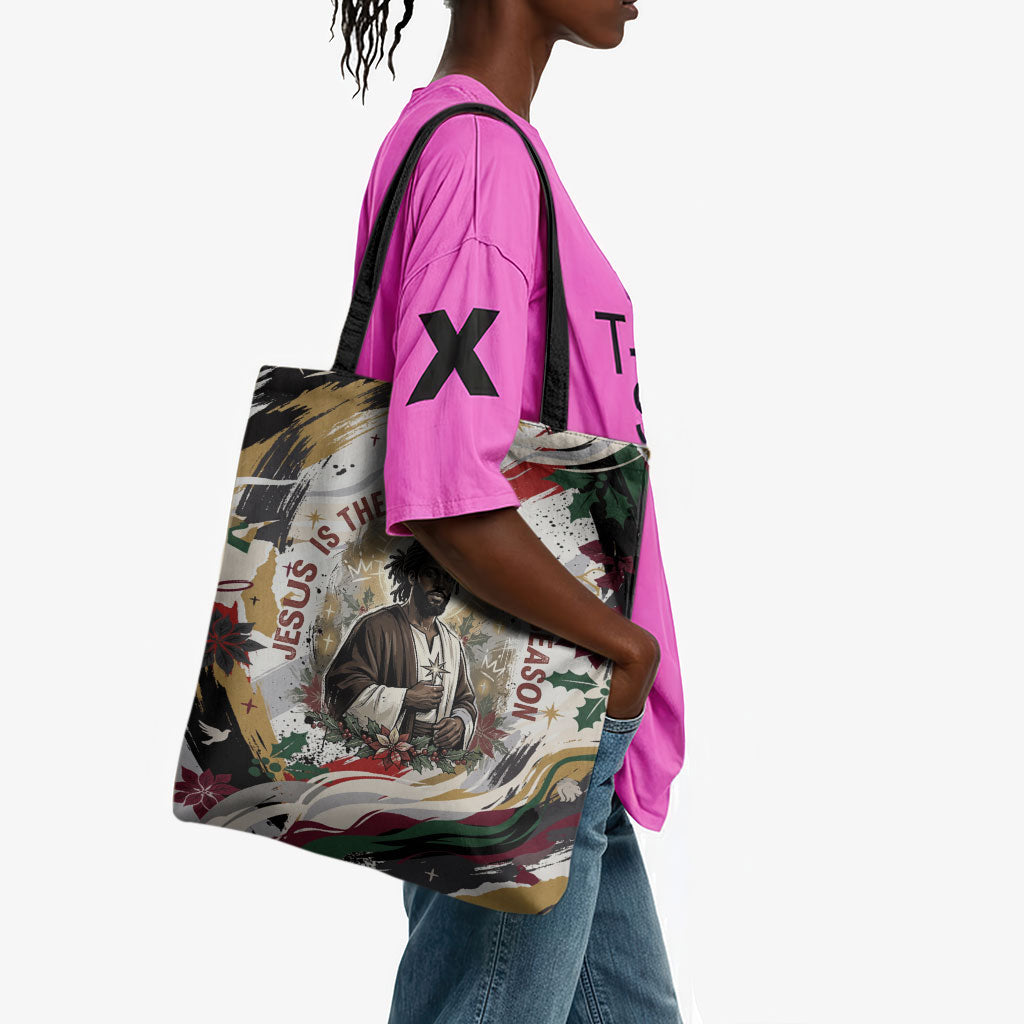 King Jesus Black Christmas Tote Bag Religious Christian Faith Nativity Poinsettia