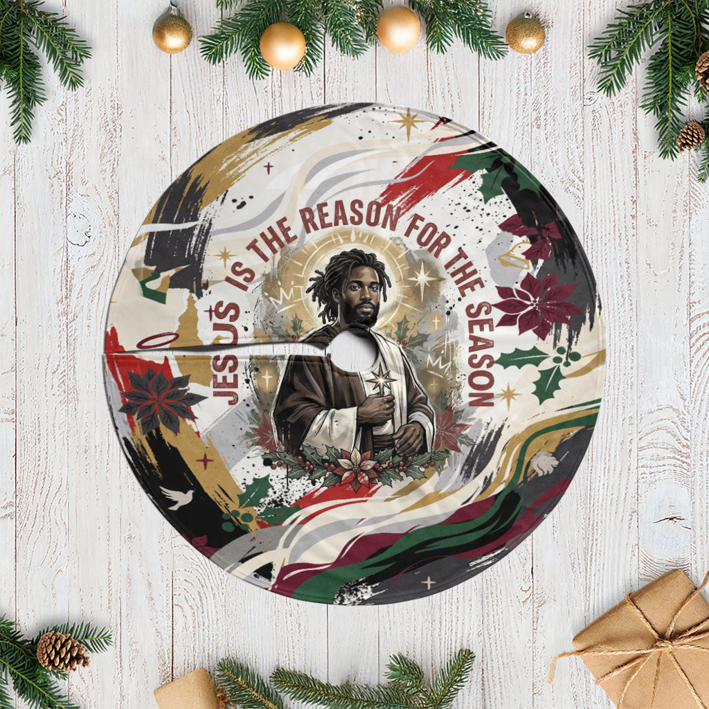 King Jesus Black Christmas Tree Skirt Religious Christian Faith Nativity Poinsettia