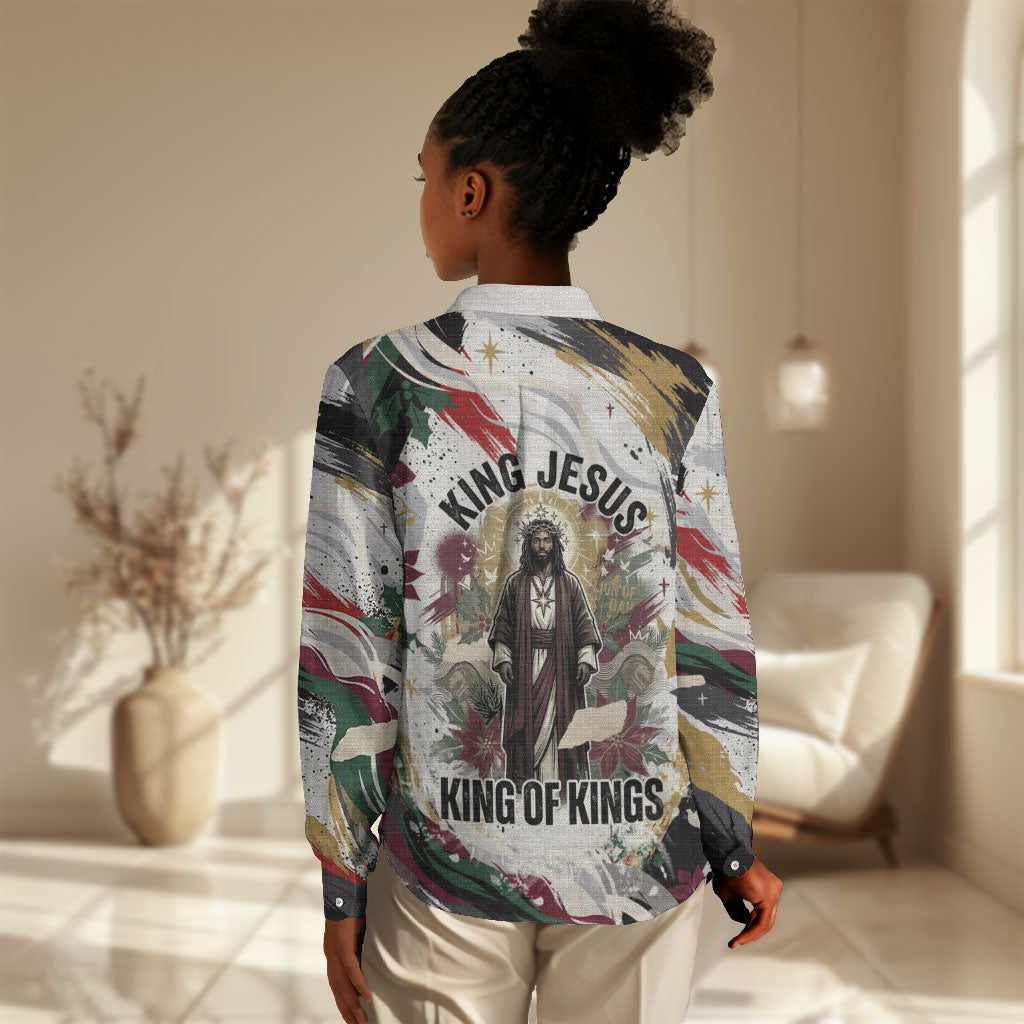 King Jesus Black Christmas Women Casual Shirt Religious Christian Faith Nativity Poinsettia