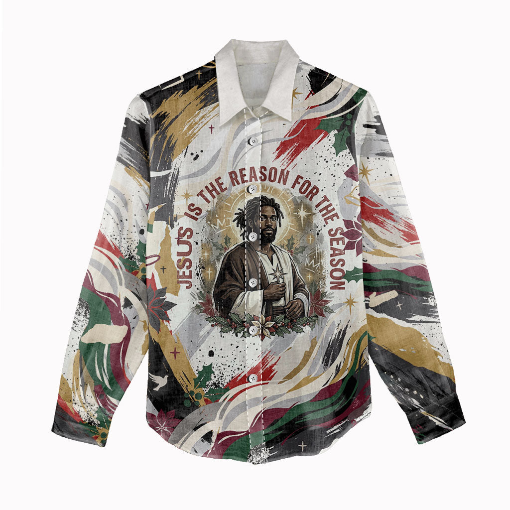 King Jesus Black Christmas Women Casual Shirt Religious Christian Faith Nativity Poinsettia