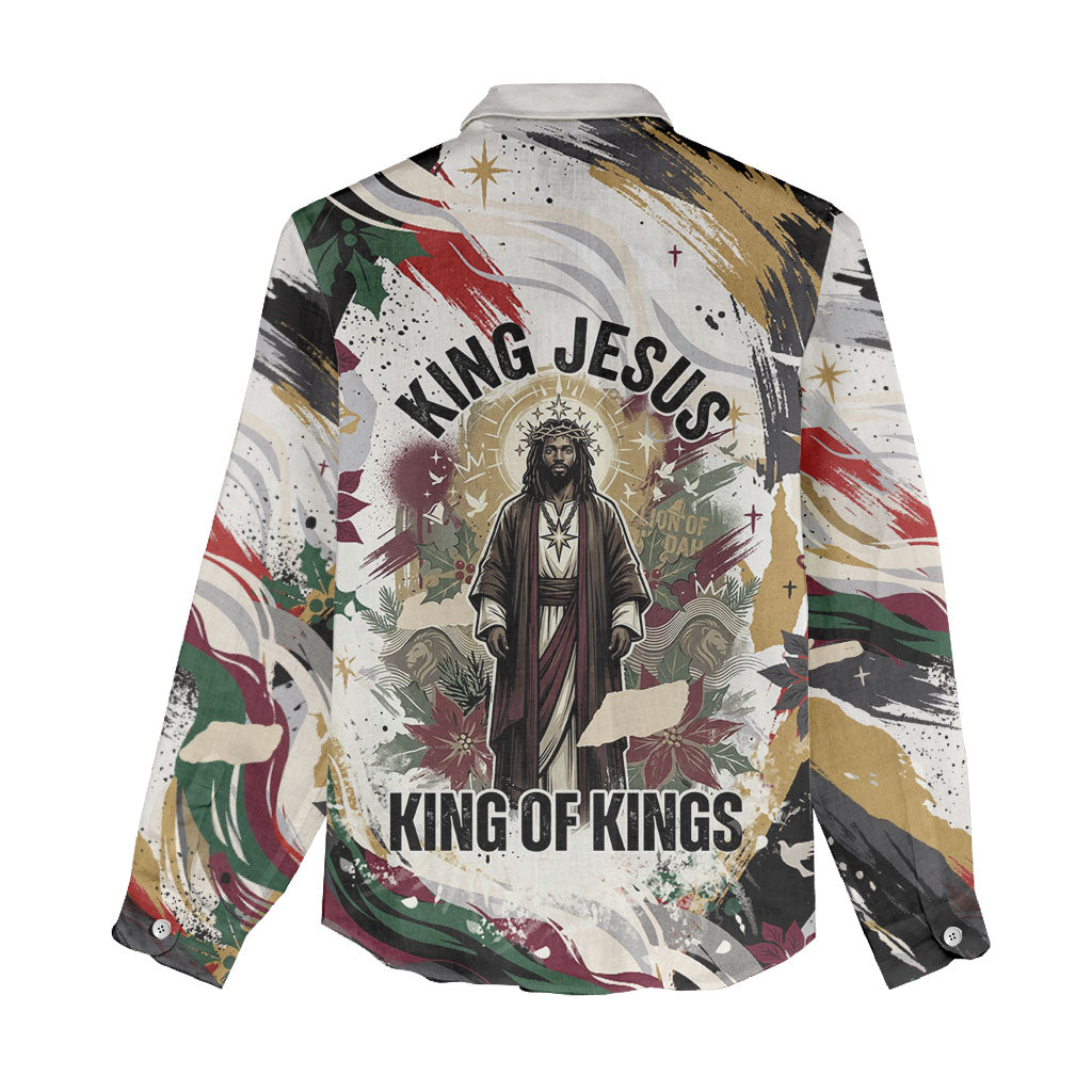 King Jesus Black Christmas Women Casual Shirt Religious Christian Faith Nativity Poinsettia