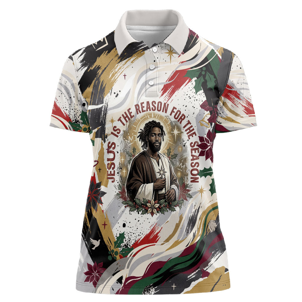 King Jesus Black Christmas Women Polo Shirt Religious Christian Faith Nativity Poinsettia