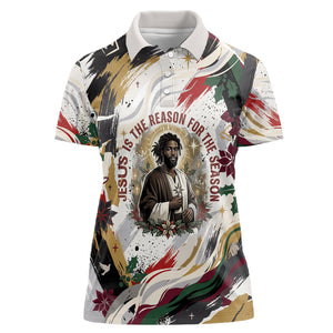 King Jesus Black Christmas Women Polo Shirt Religious Christian Faith Nativity Poinsettia