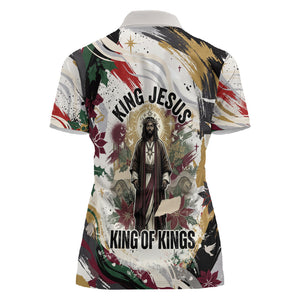 King Jesus Black Christmas Women Polo Shirt Religious Christian Faith Nativity Poinsettia