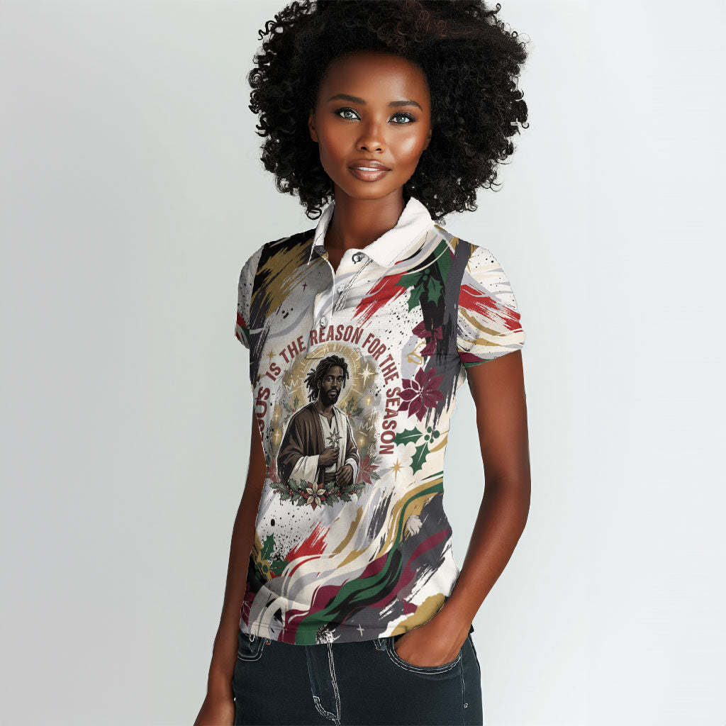 King Jesus Black Christmas Women Polo Shirt Religious Christian Faith Nativity Poinsettia