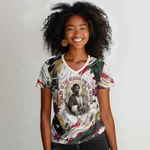 King Jesus Black Christmas Women V-Neck T-Shirt Religious Christian Faith Nativity Poinsettia