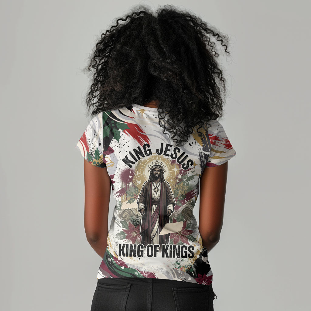 King Jesus Black Christmas Women V-Neck T-Shirt Religious Christian Faith Nativity Poinsettia