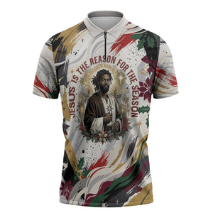 King Jesus Black Christmas Zipper Polo Shirt Religious Christian Faith Nativity Poinsettia