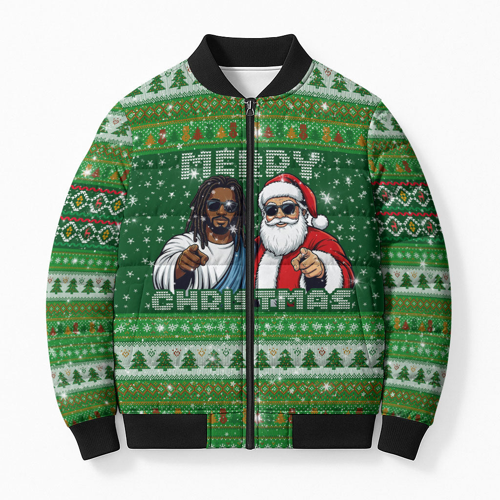 Black Jesus Merry Christmas Bomber Puffer Jacket Santa Claus Africa - Religious Faith Holiday