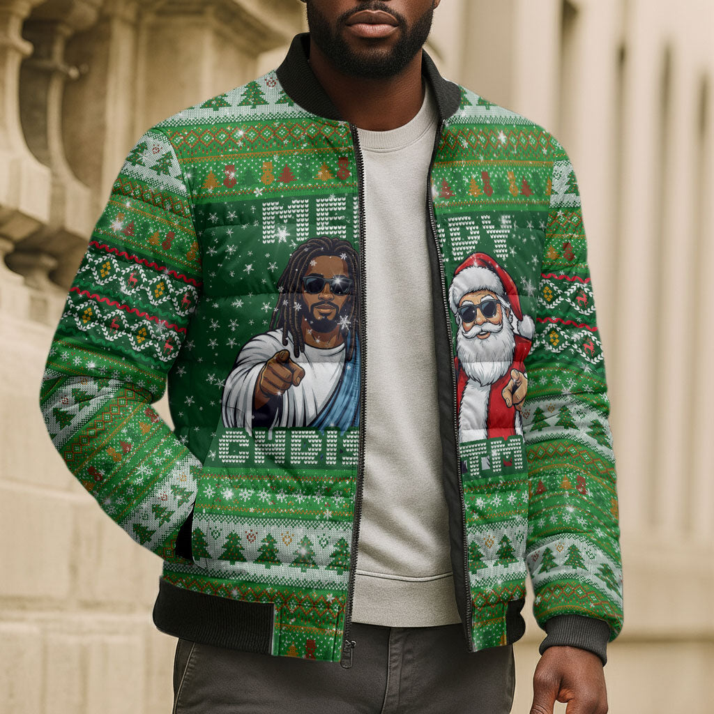 Black Jesus Merry Christmas Bomber Puffer Jacket Santa Claus Africa - Religious Faith Holiday