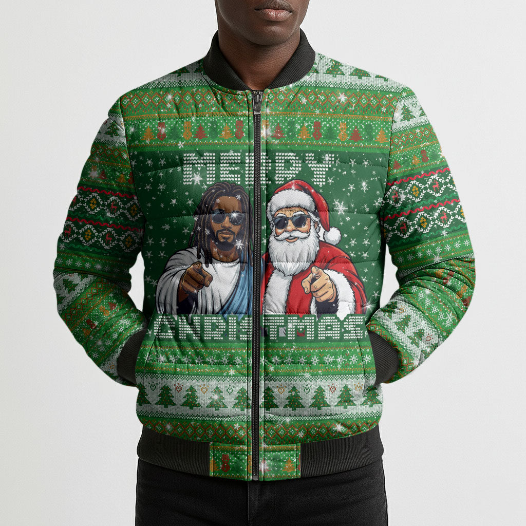 Black Jesus Merry Christmas Bomber Puffer Jacket Santa Claus Africa - Religious Faith Holiday