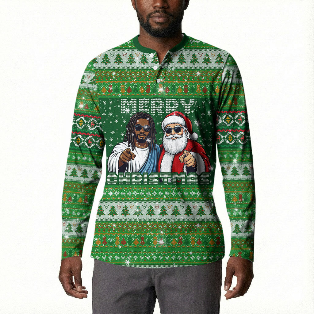 Black Jesus Merry Christmas Button Sweatshirt Santa Claus Africa - Religious Faith Holiday