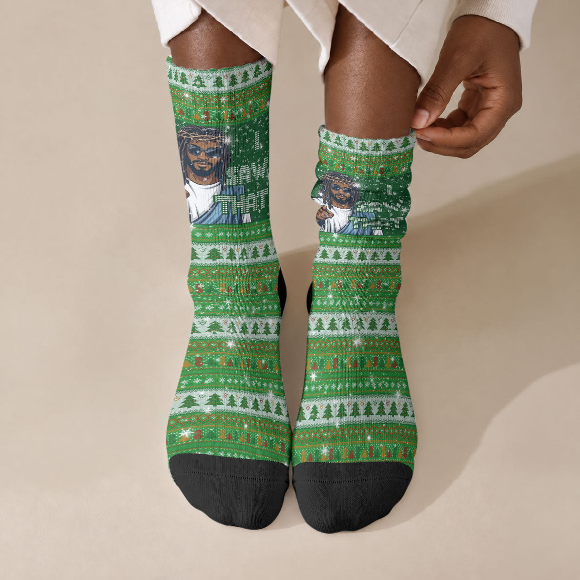 Black Jesus Merry Christmas Crew Socks Santa Claus Africa - Religious Faith Holiday