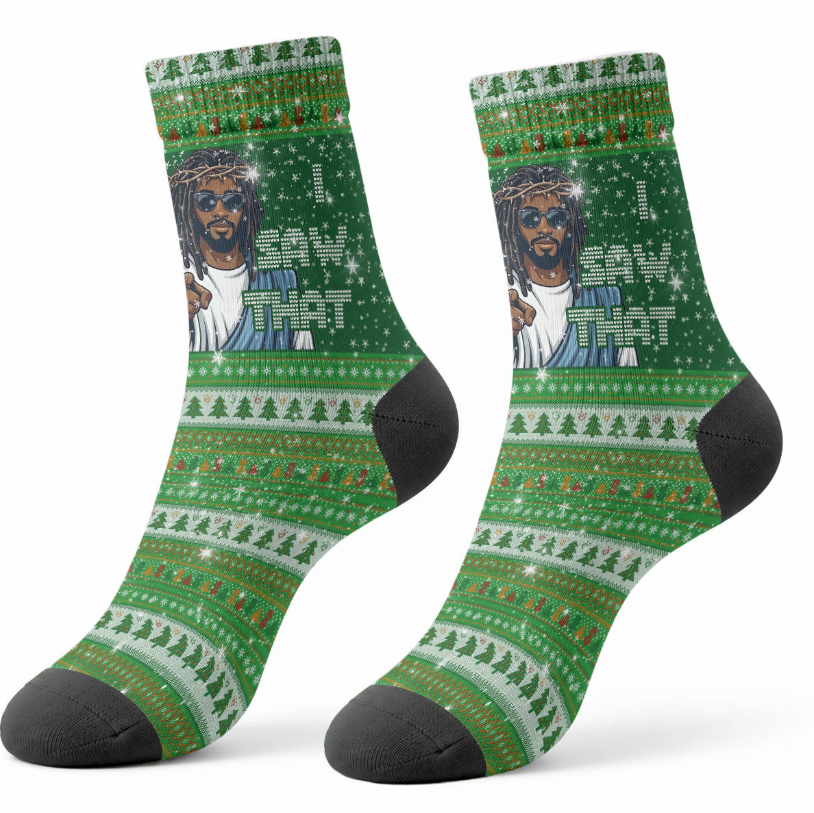 Black Jesus Merry Christmas Crew Socks Santa Claus Africa - Religious Faith Holiday
