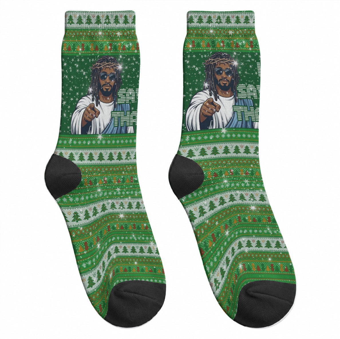 Black Jesus Merry Christmas Crew Socks Santa Claus Africa - Religious Faith Holiday