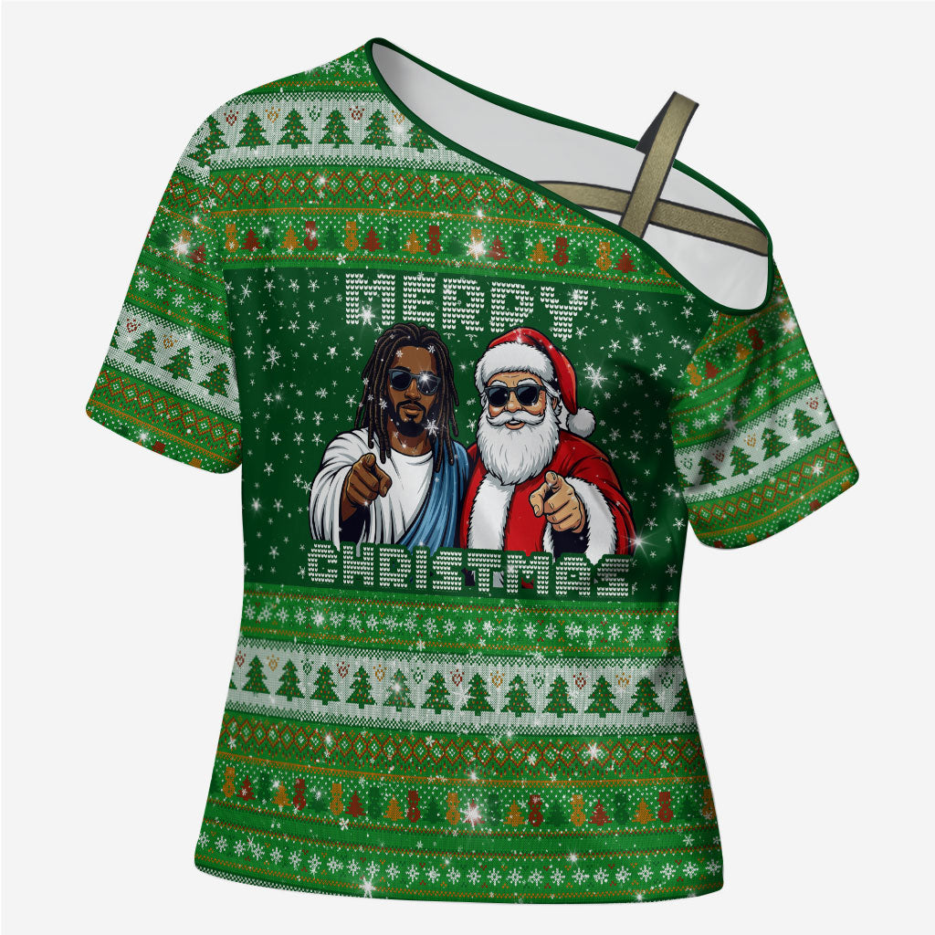 Black Jesus Merry Christmas Cross Shoulder Shirt Santa Claus Africa - Religious Faith Holiday