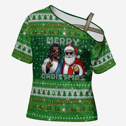 Black Jesus Merry Christmas Cross Shoulder Shirt Santa Claus Africa - Religious Faith Holiday